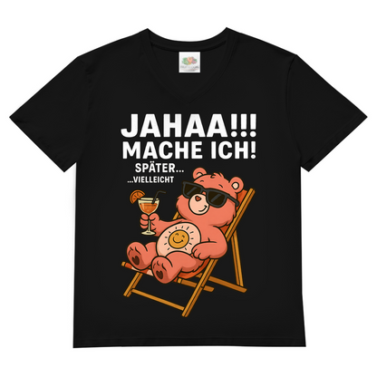 Herren V-Neck Shirt Jahaa Mache Ich Später Vielleicht Chill Bär Glücksbärchi Black
