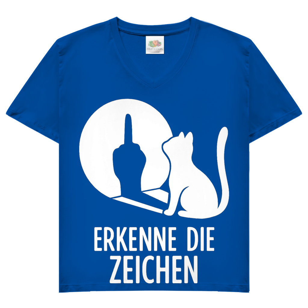 Damen V-Neck T-Shirt Erkenne Die Zeichen Katze Mittelfinger Royal Blue