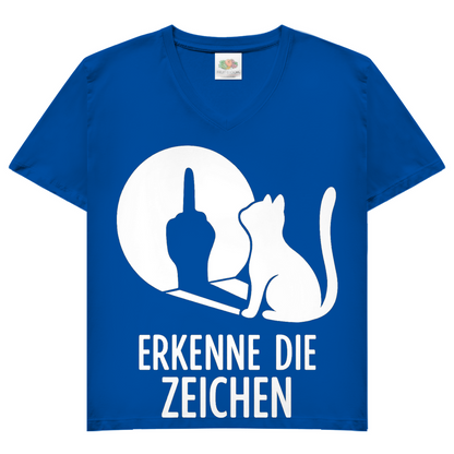 Damen V-Neck T-Shirt Erkenne Die Zeichen Katze Mittelfinger Royal Blue