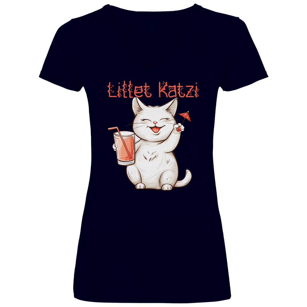 Lillet Katzi Katze - V-Neck Damenshirt Deep Navy