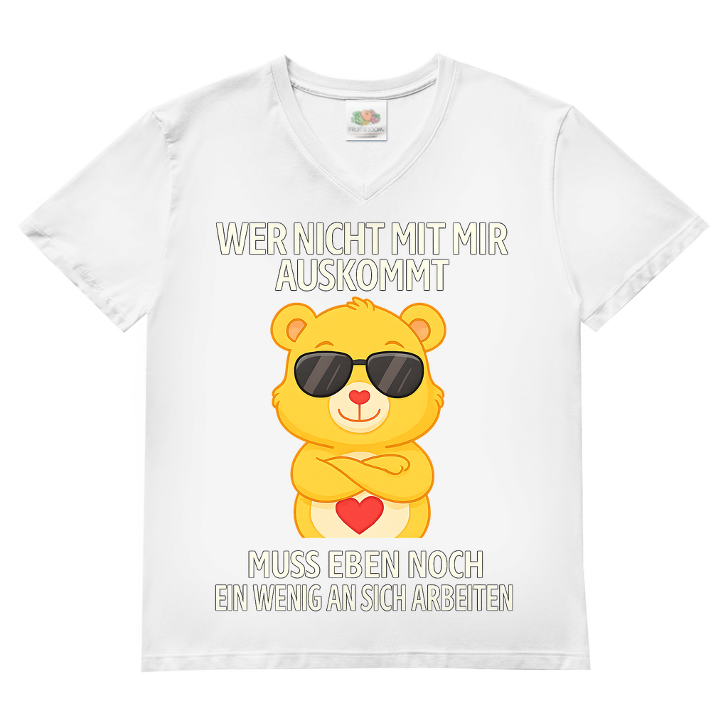 Herren V-Neck T-Shirt Wer nicht mit mir auskommt Glücksbärchi Bärchi Spruch White
