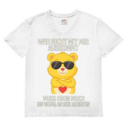 Herren V-Neck T-Shirt Wer nicht mit mir auskommt Glücksbärchi Bärchi Spruch White