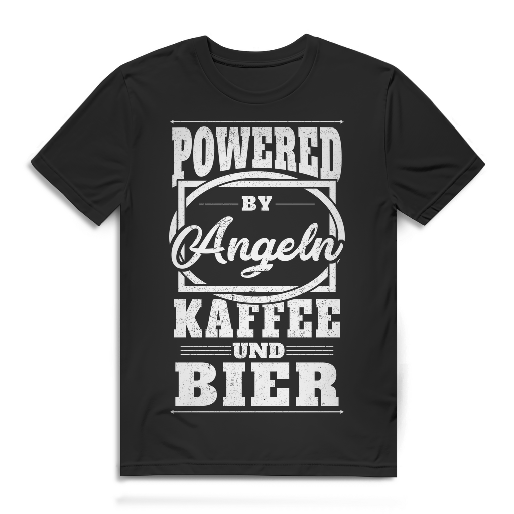 Herren T-Shirt Powered by Angeln Kaffee und Bier Fischer Shirt Bio Baumwolle Black