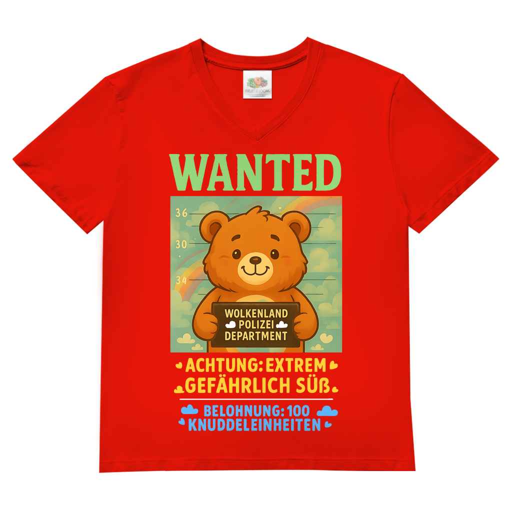 Herren V-Neck T-Shirt Wanted Glücksbärchi Wolkenland Extrem Gefährlich Süß Red