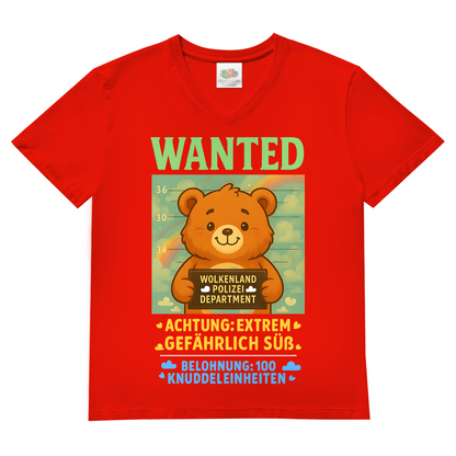 Herren V-Neck T-Shirt Wanted Glücksbärchi Wolkenland Extrem Gefährlich Süß Red