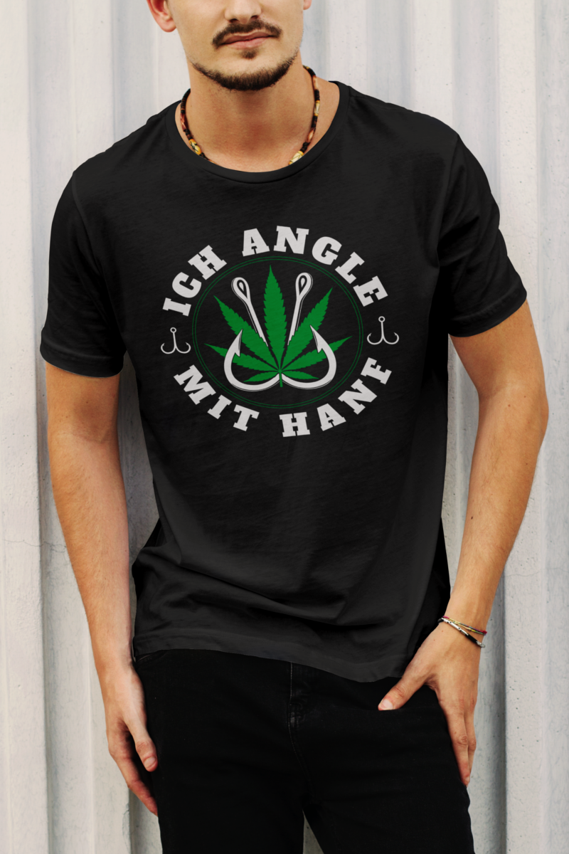 Ich angle mit Hanf T-Shirt Herren – Angel Spruch mit Hanfblatt und Haken Design