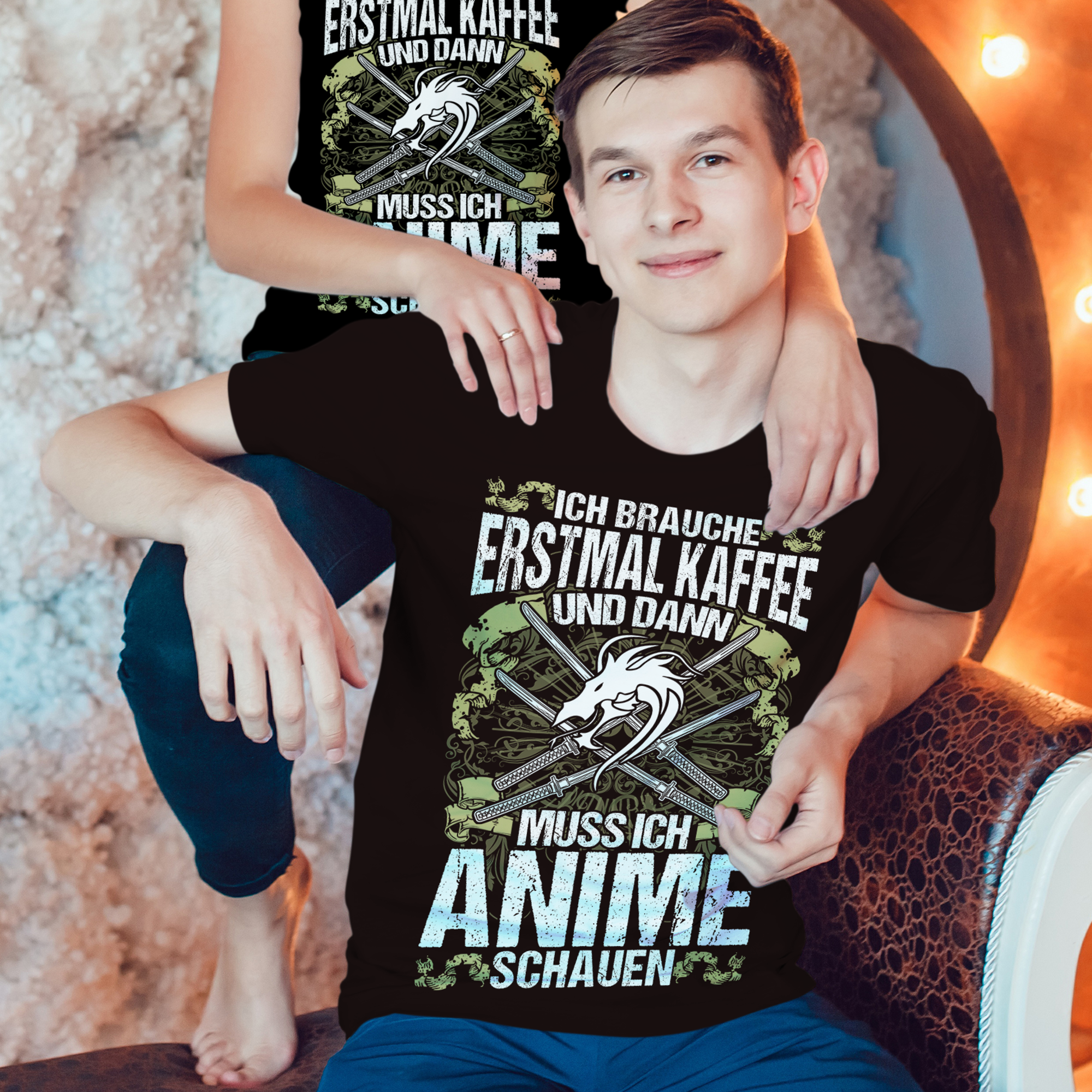 Herren T-Shirt Erstmal Kaffee und dann Anime schauen Otaku Shirt Bio Baumwolle