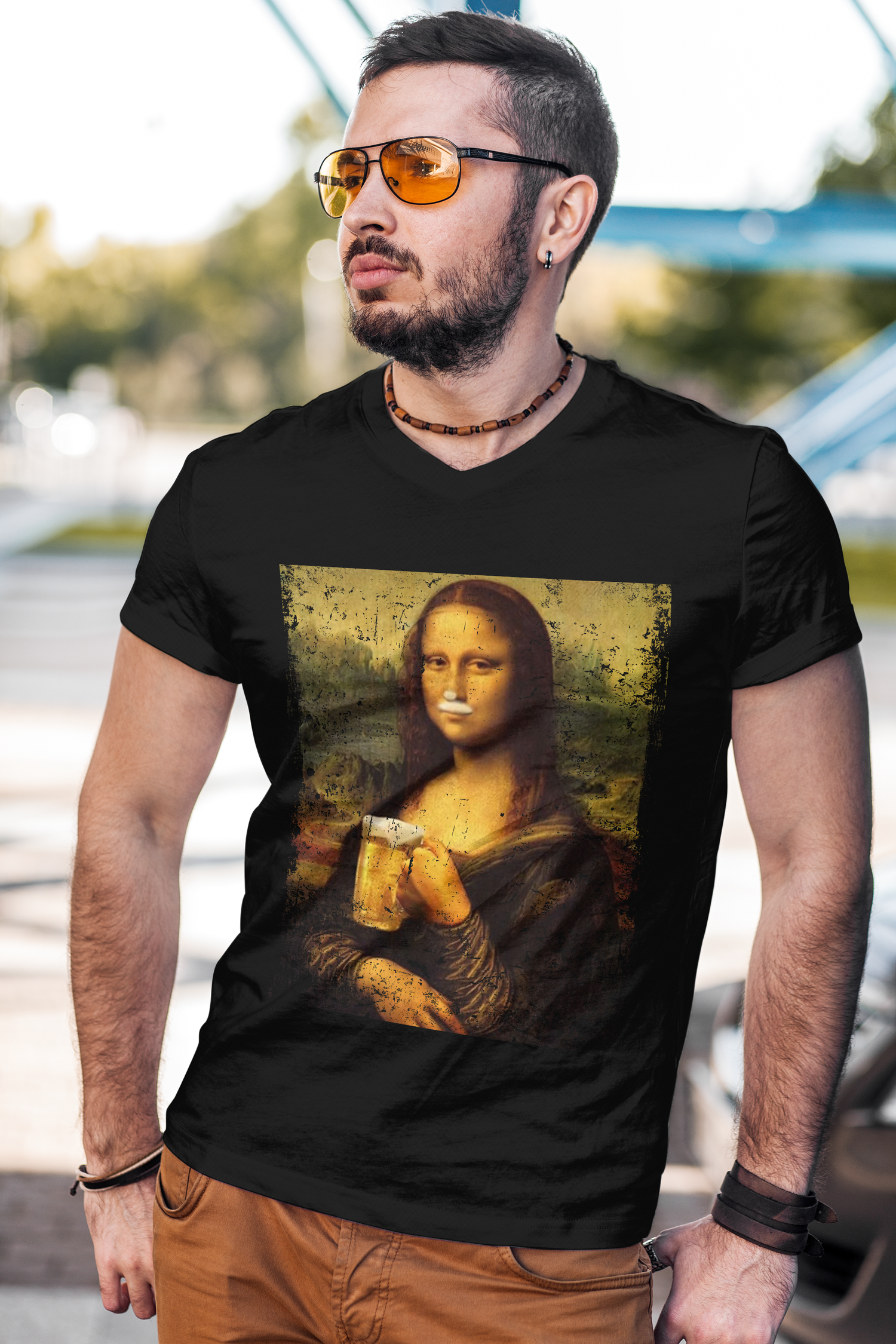 Mona Lisa Bier T-Shirt Männer – Lustiges Kunst Funshirt mit Maßkrug-Motiv