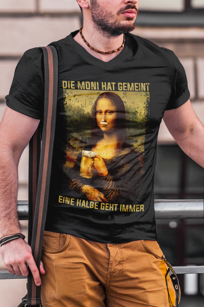 Herren Funshirt mit Bierwitz – Mona Lisa sagt eine Halbe geht immer