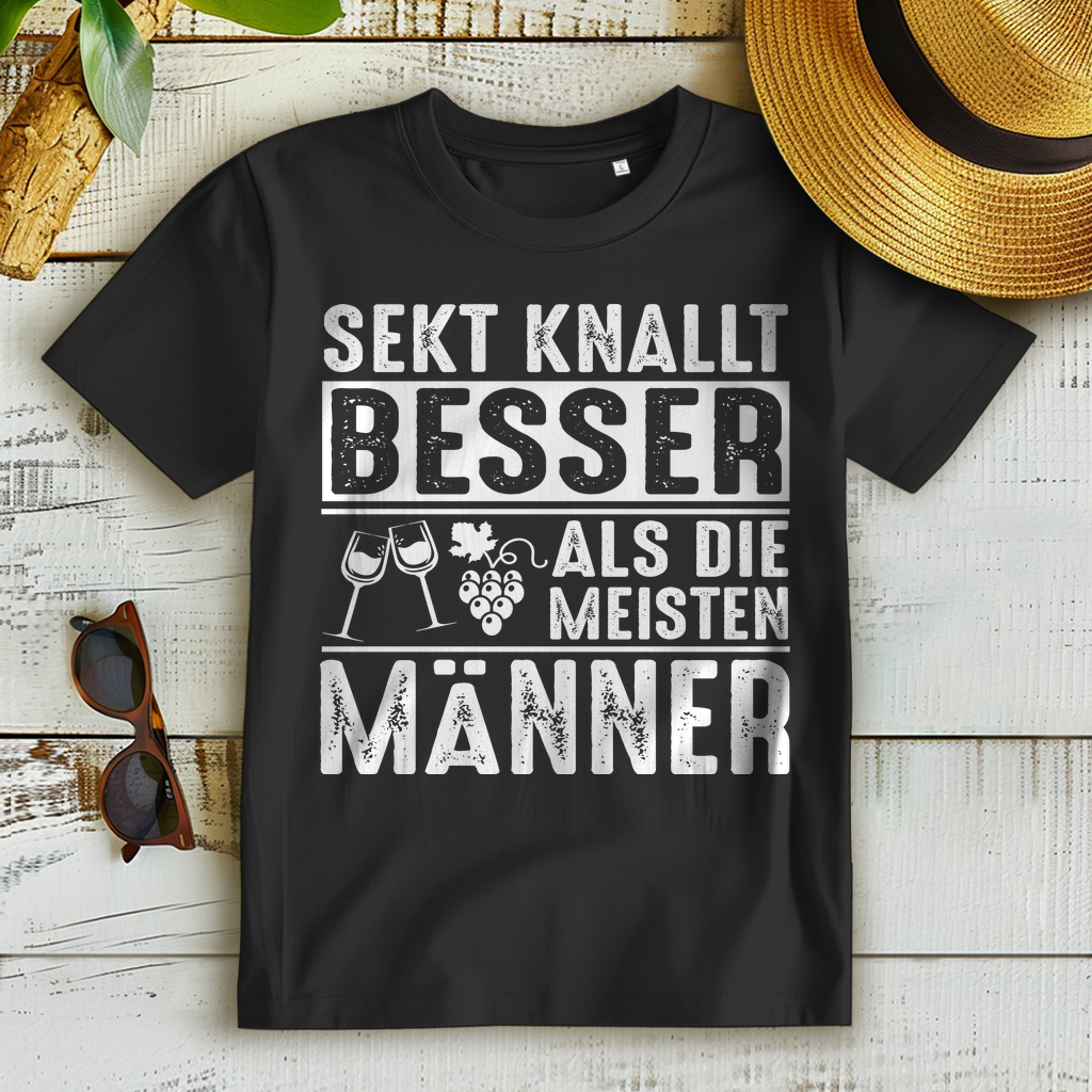 Damen Bio T-Shirt Sekt Spruch – Sekt knallt besser als die meisten Männer