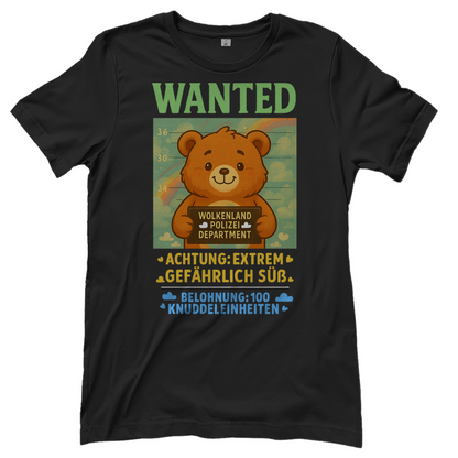 Damen T-Shirt Wanted Glücksbärchi Wolkenland Extrem Gefährlich Süß Black