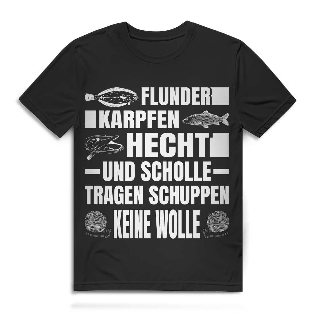 Herren T-Shirt Flunder Karpfen Hecht Scholle tragen Schuppen keine Wolle Black