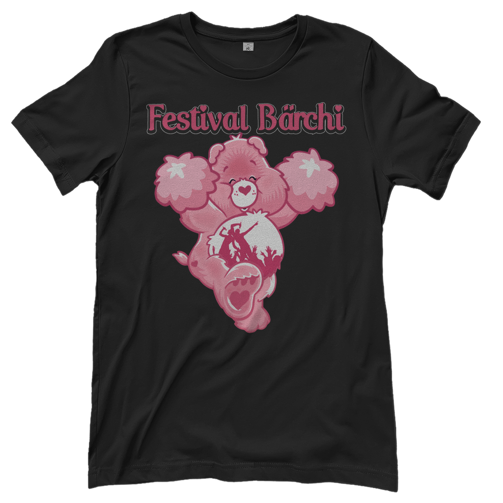 Schwarzes Damen T-Shirt mit Festival Bärchi Aufdruck und rosa Glücksbärchi Rave-Motiv, Frontansicht