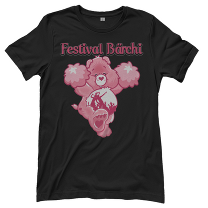 Schwarzes Damen T-Shirt mit Festival Bärchi Aufdruck und rosa Glücksbärchi Rave-Motiv, Frontansicht