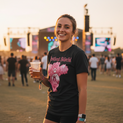 Festival Bärchi Shirt beim Outdoor Electronic Music Festival, junge Raverin bei Sonnenuntergang