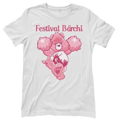 Weißes Festival Bärchi Damen Shirt mit buntem Glücksbärchi Motiv und Rave-Design, Frontansicht