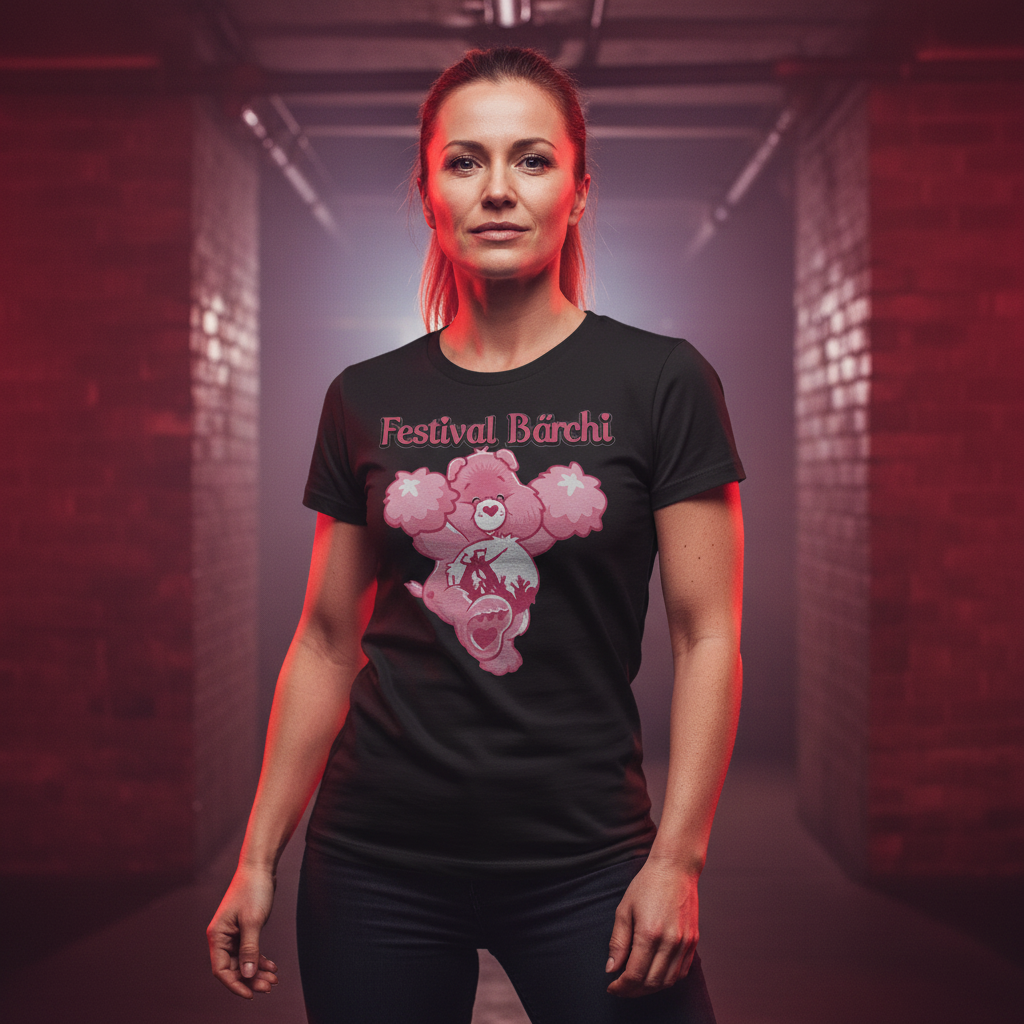 Underground Rave-Atmosphäre mit Festival Bärchi Damenshirt, Neonlicht und Techno-Club-Vibe