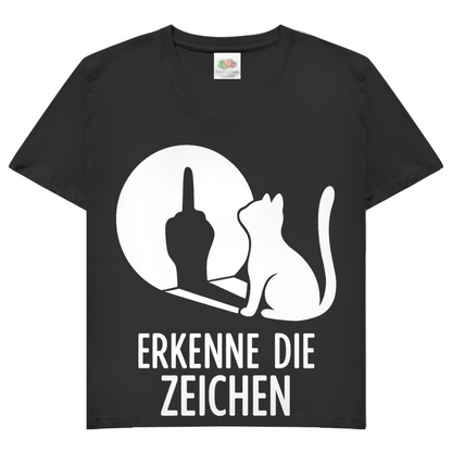 Damen V-Neck T-Shirt Erkenne Die Zeichen Katze Mittelfinger Black