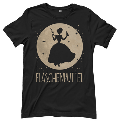 Schwarzes Damen T-Shirt mit Flaschenputtel Aschenputtel Motiv und Flasche Mond Design, Frontansicht