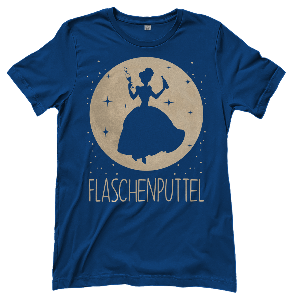 Royal blaues Frauen Shirt mit Flaschenputtel Cinderella Parodie witzig Design, Frontansicht