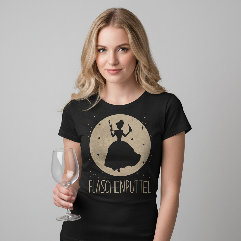 Eine Frau trägt das Flaschenputtel Shirt im Studio und hält ein Weinglas in der Hand