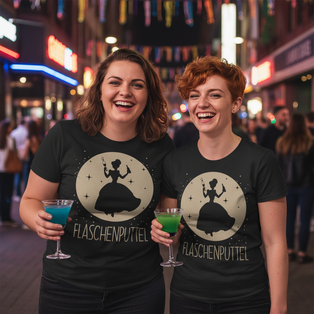 Zwei Frauen tragen das Flaschenputtel Shirt beim JGA auf der Reeperbahn und halten Cocktails