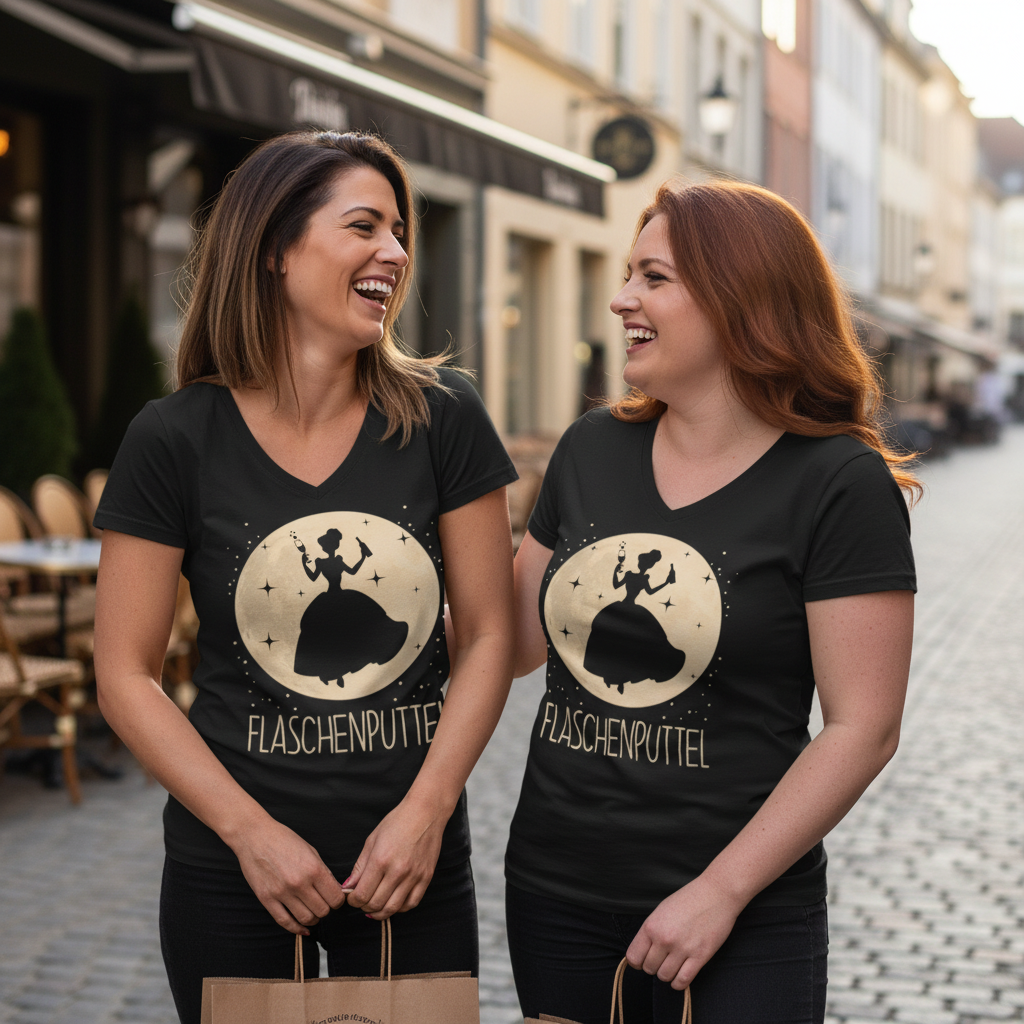 Zwei Frauen tragen Flaschenputtel Partnerlook Shirts beim Städtetrip vor einem Café mit Shopping-Bags