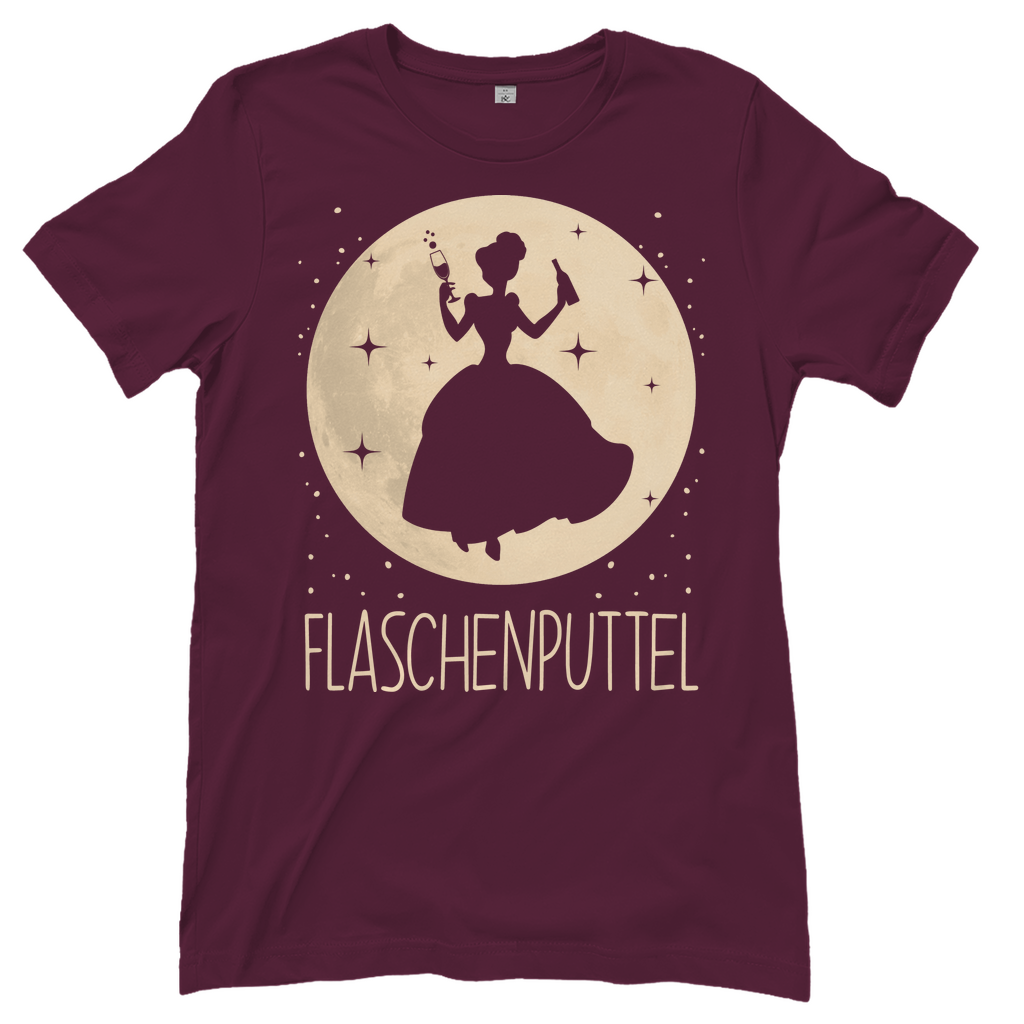 Burgundfarbenes Frauen T-Shirt mit Flaschenputtel Märchen Prosecco Prinzessin Motiv, Frontansicht