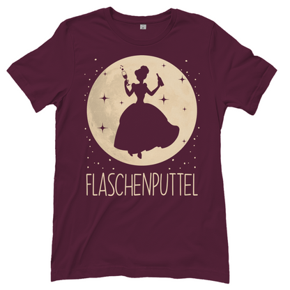 Burgundfarbenes Frauen T-Shirt mit Flaschenputtel Märchen Prosecco Prinzessin Motiv, Frontansicht