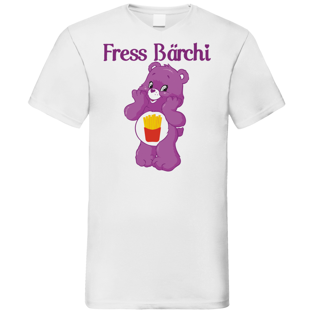 Weißes V-Neck Herren Shirt mit Fress Bärchi Burger Fan Design Glücksbärchi, Frontansicht