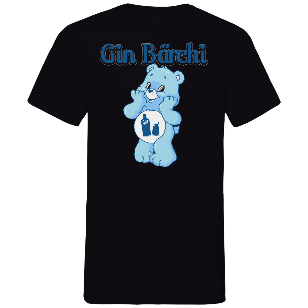 Schwarzes Herren V-Neck Shirt mit Gin Bärchi Aufdruck, Glücksbärchi mit Gin-Flasche, Frontansicht