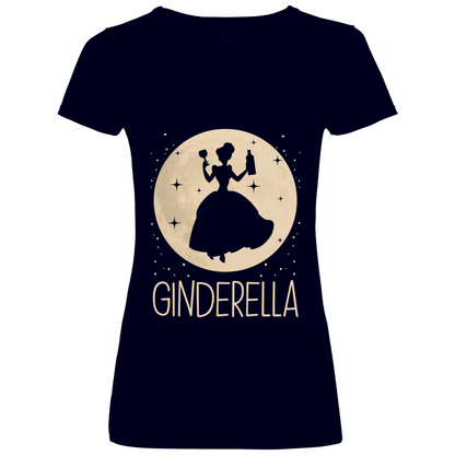 Navy V-Neck Shirt Frauen mit Ginderella Cinderella Parodie Prinzessin Motiv, Frontansicht