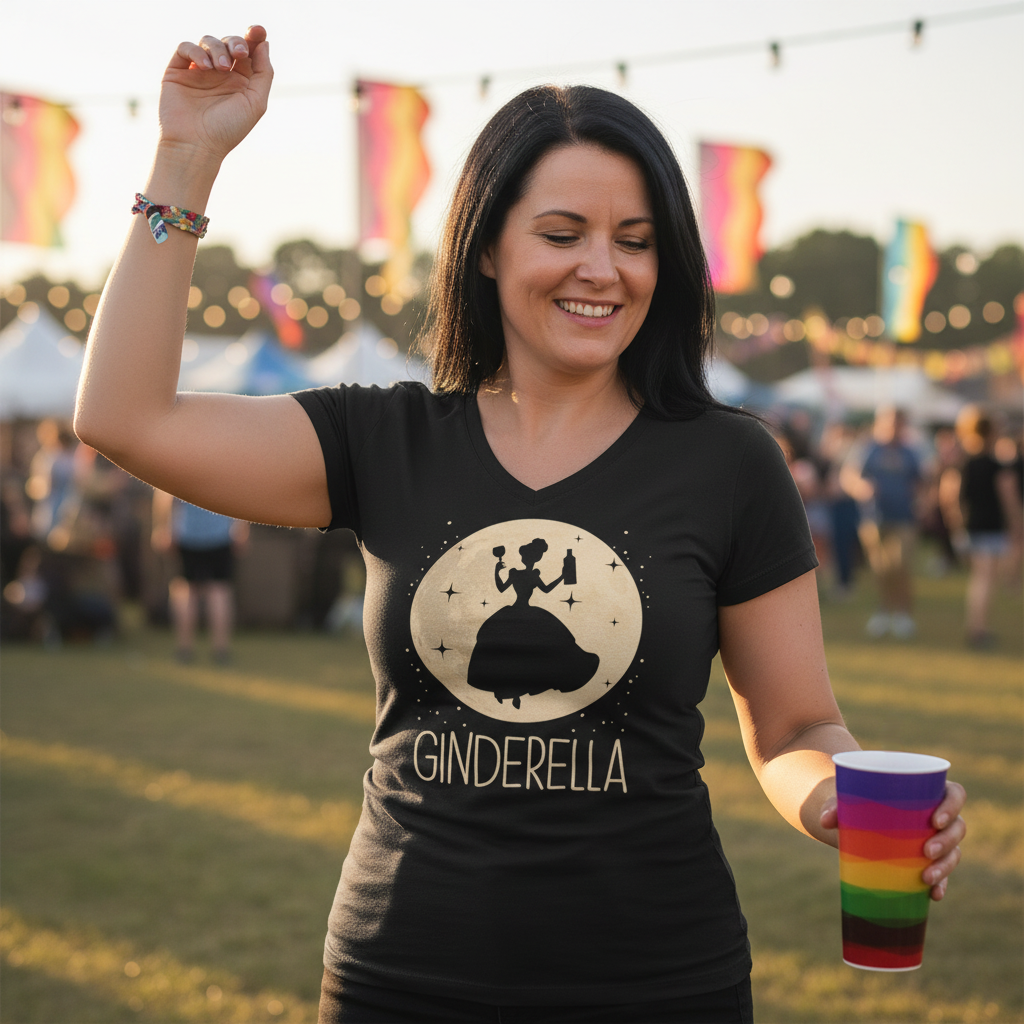 Eine Frau trägt das Ginderella Damen Shirt auf einem Festival im Freien und tanzt fröhlich