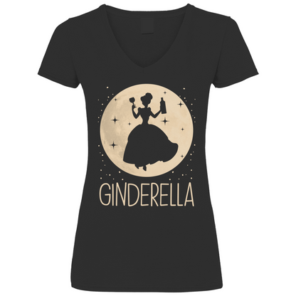 Schwarzes Damen V-Neck Shirt mit GINDERELLA Mond-Prinzessin Motiv beige-gold, Frontansicht