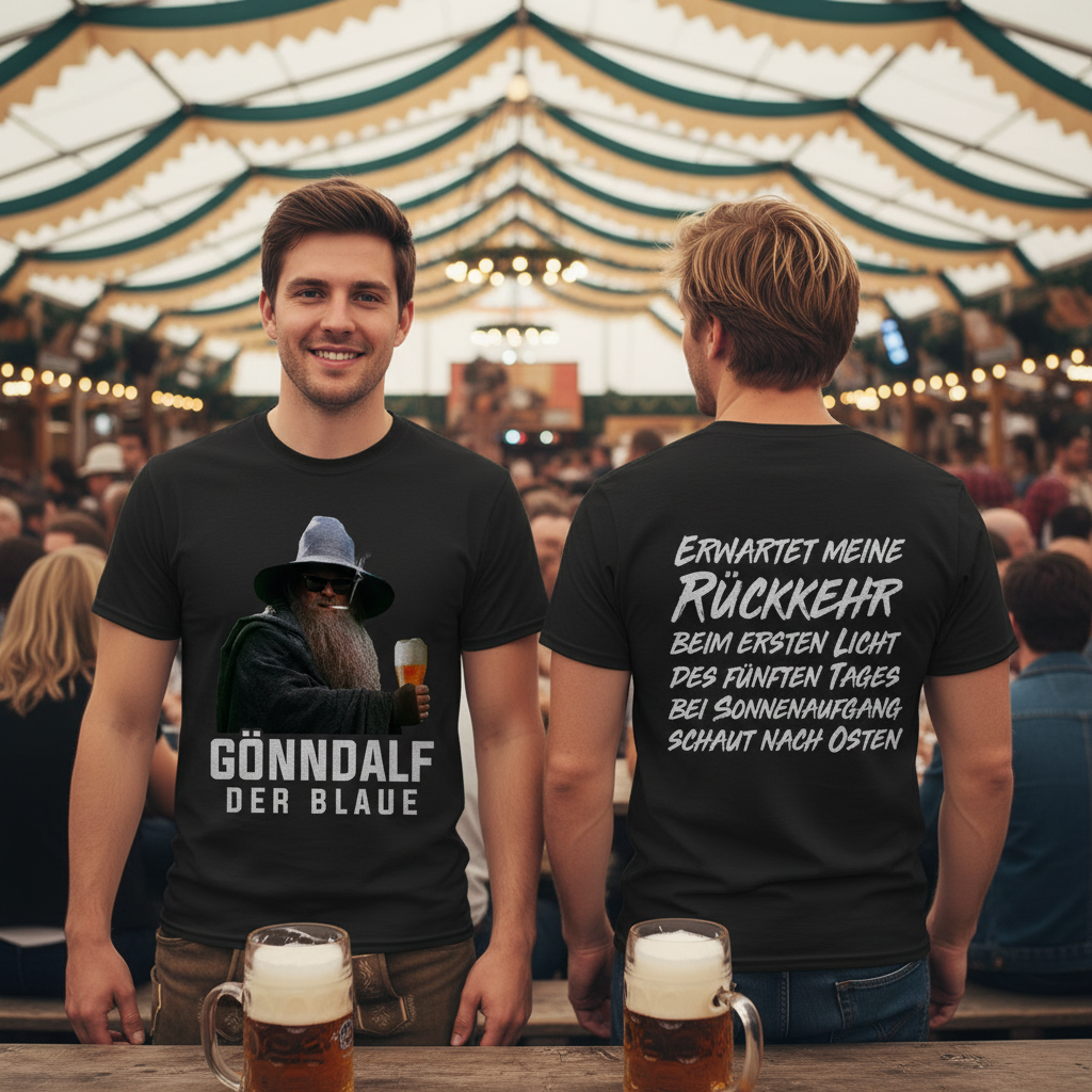 Zwei Männer tragen das Gönndalf Shirt auf dem Oktoberfest München, Front und Rückseite