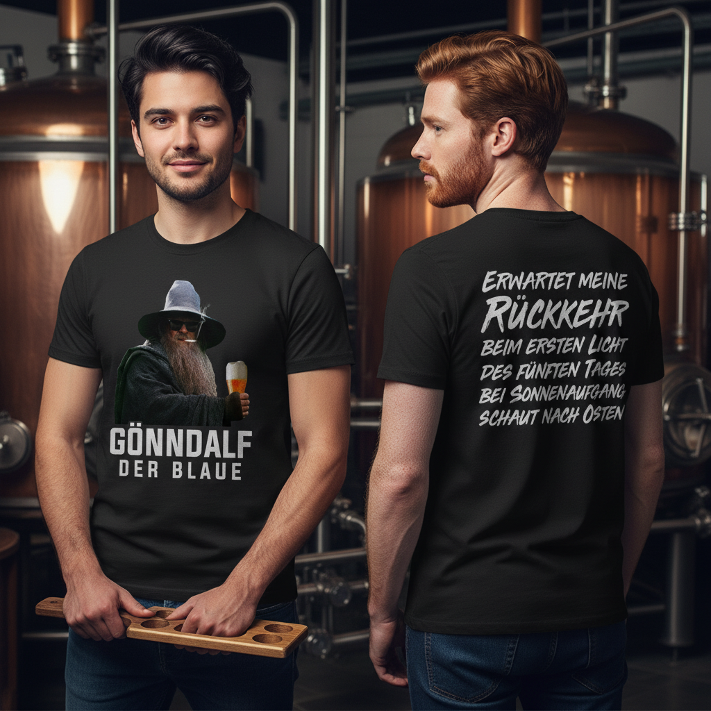 Zwei Männer tragen das Gönndalf der Blaue Shirt in Craft Beer Bar Berlin, beidseitig