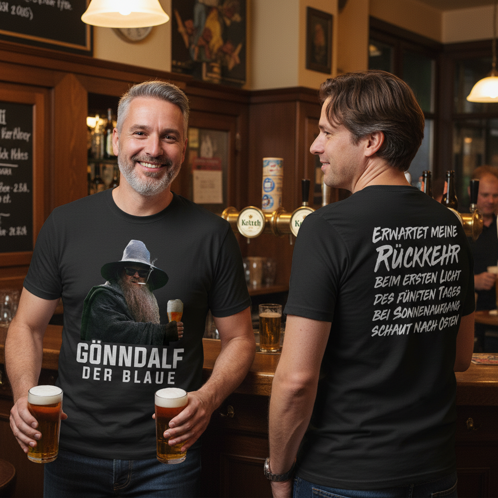 Zwei Männer tragen das Gönndalf Shirt in Kölsch-Kneipe Köln, Front und Rückseite sichtbar
