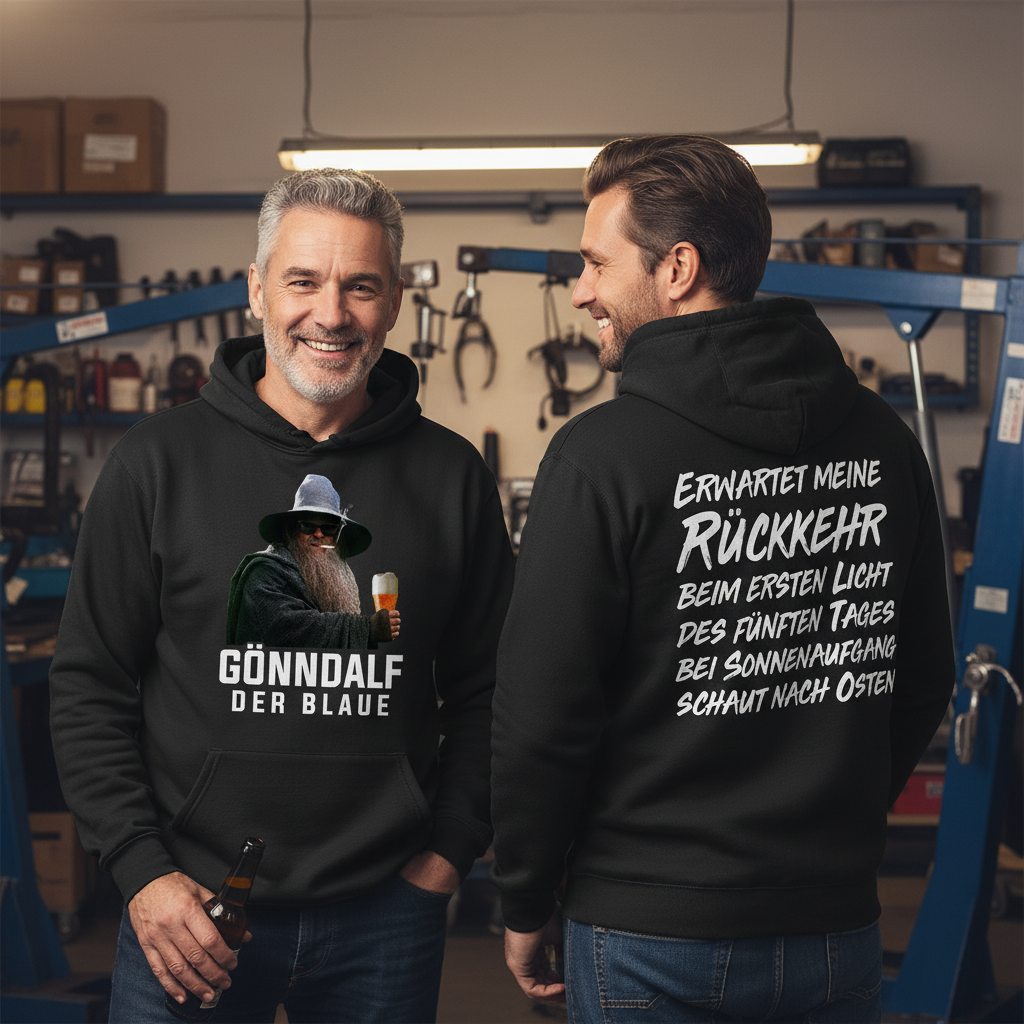 Zwei Männer tragen den Gönndalf Partnerlook Hoodie beim Männerabend Garage, Front und Rückseite