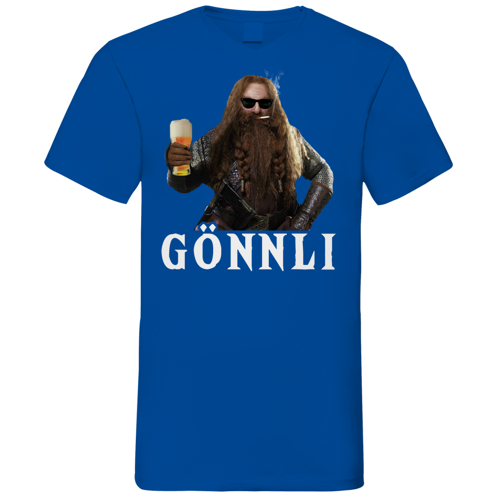 Royal Blue V-Neck Shirt Herren mit Gönnli Gimli Der Herr der Ringe Design, Frontansicht