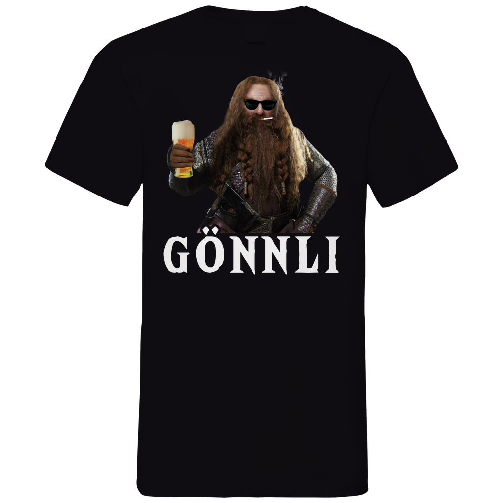 Schwarzes Herren V-Neck Shirt mit GÖNNLI Gimli Design Herr der Ringe Parodie, Frontansicht