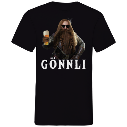 Schwarzes Herren V-Neck Shirt mit GÖNNLI Gimli Design Herr der Ringe Parodie, Frontansicht