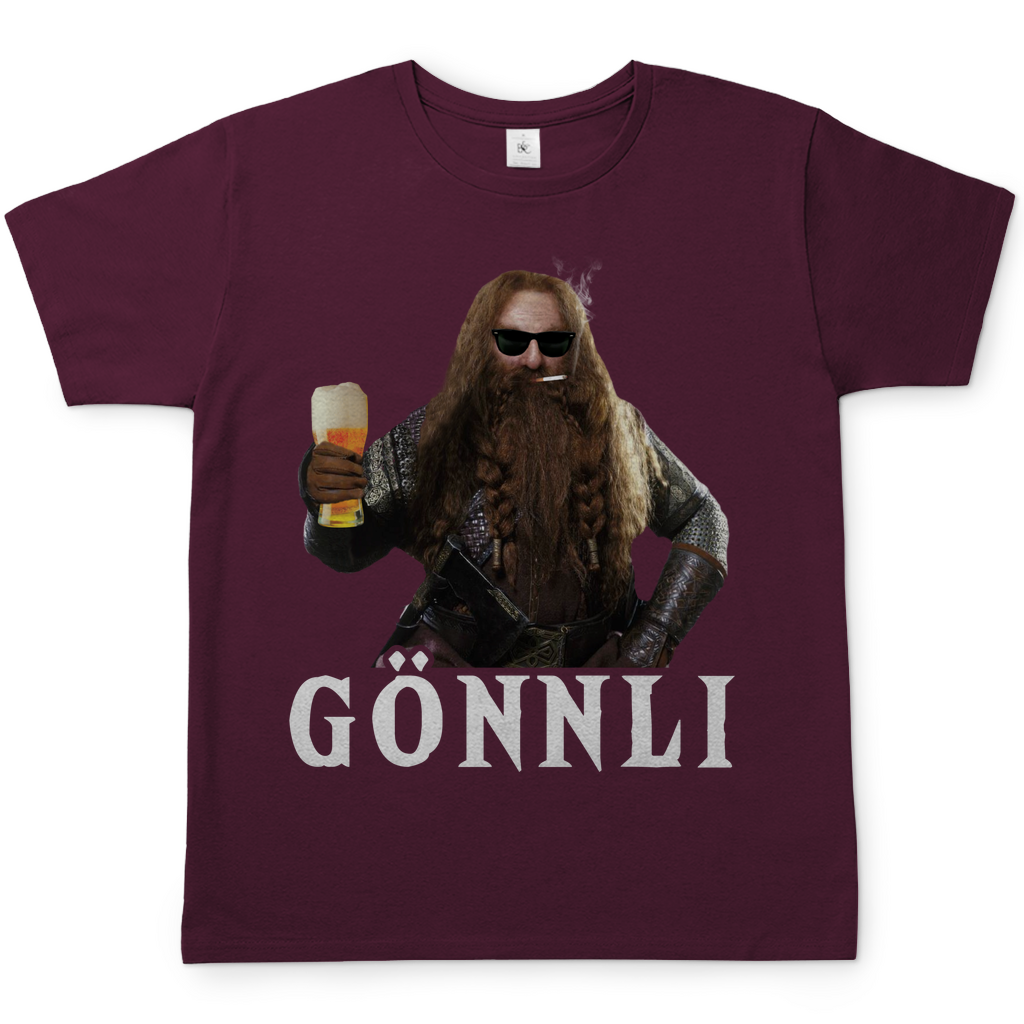 Burgundy Mittelerde Fan Herren Shirt mit GÖNNLI Gimli Der Herr der Ringe, Frontansicht