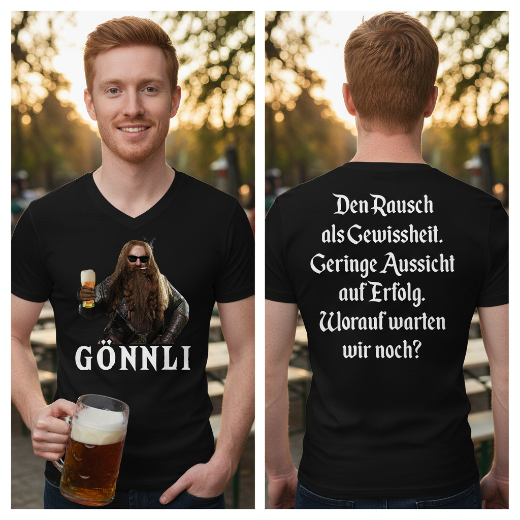 Ein Mann trägt das GÖNNLI Gimli V-Neck Shirt im Biergarten mit Maßkrug, Front und Rücken