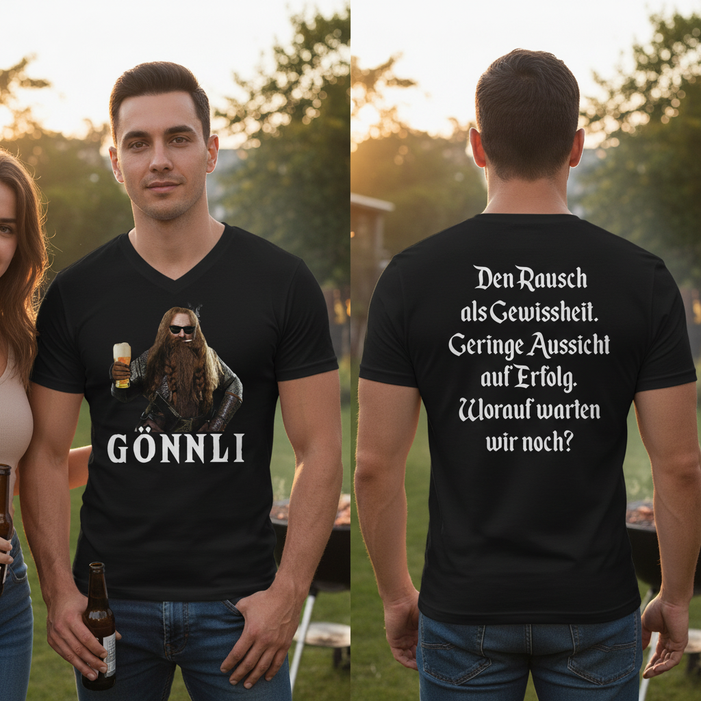 Ein Mann trägt das Herr der Ringe GÖNNLI V-Neck Shirt bei der Grillparty und hält eine Bierflasche