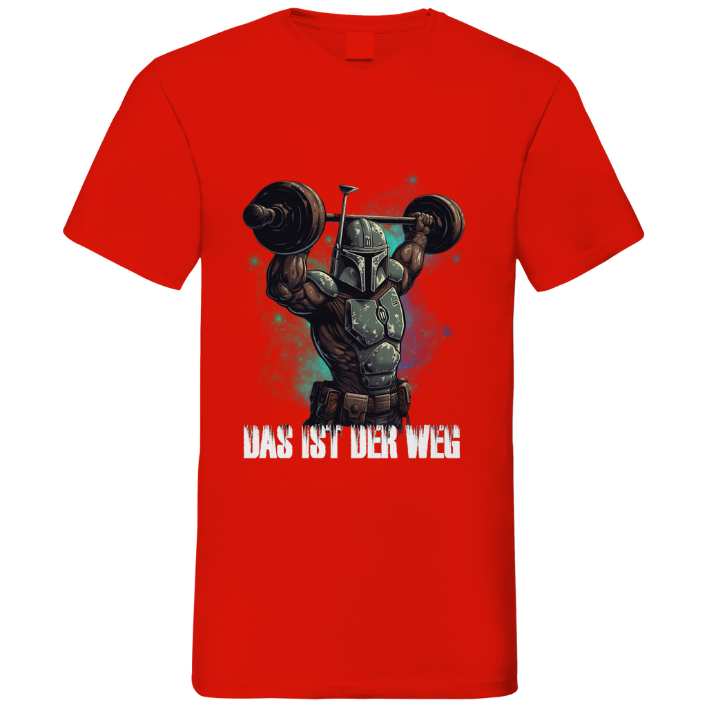Rotes Hanteltraining Shirt Herren mit Gewichtheben Motiv Das ist der Weg, V-Neck, Frontansicht