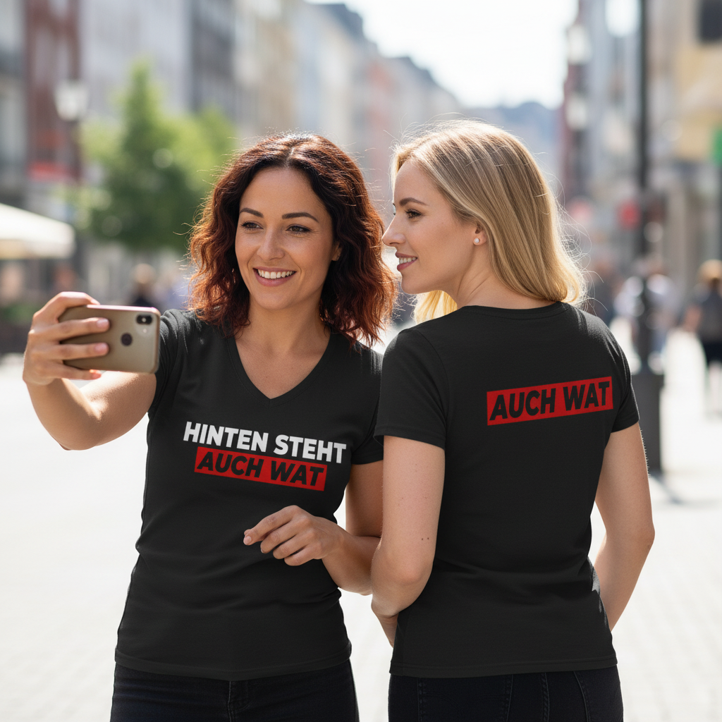 Hinten steht auch wat - Beidseitiger Druck - V-Neck Damenshirt