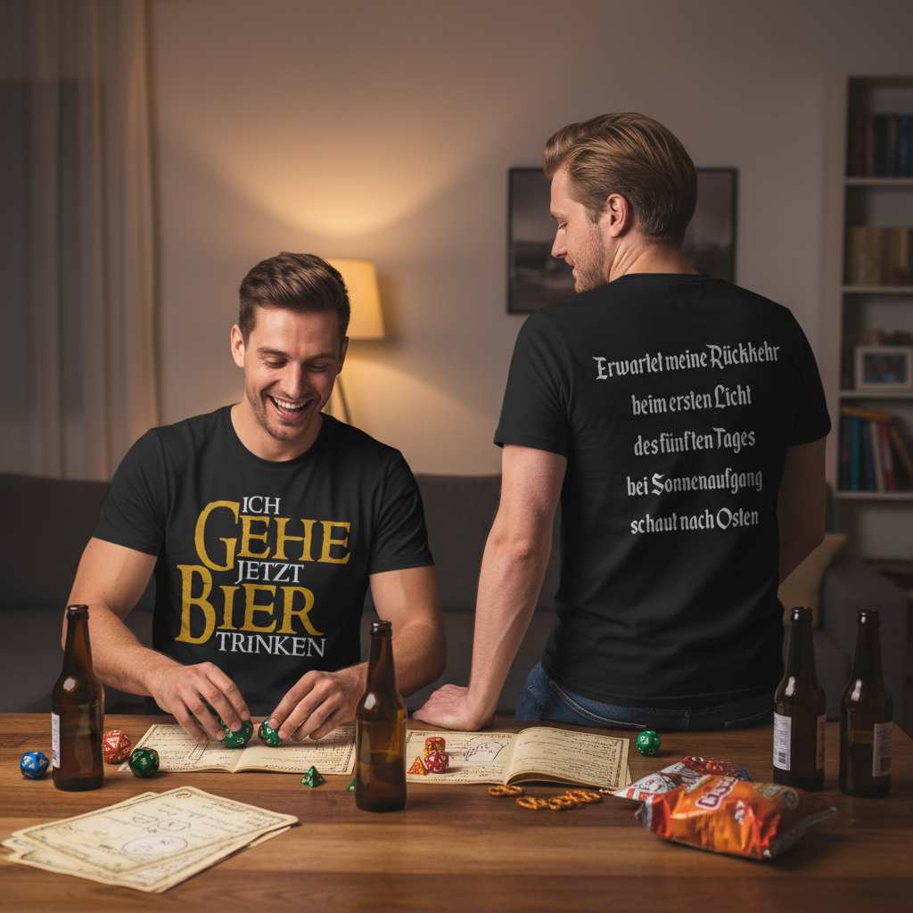 Zwei Männer tragen das Gandalf Bier-Parodie Shirt beim Pen and Paper Spieleabend mit Würfeln