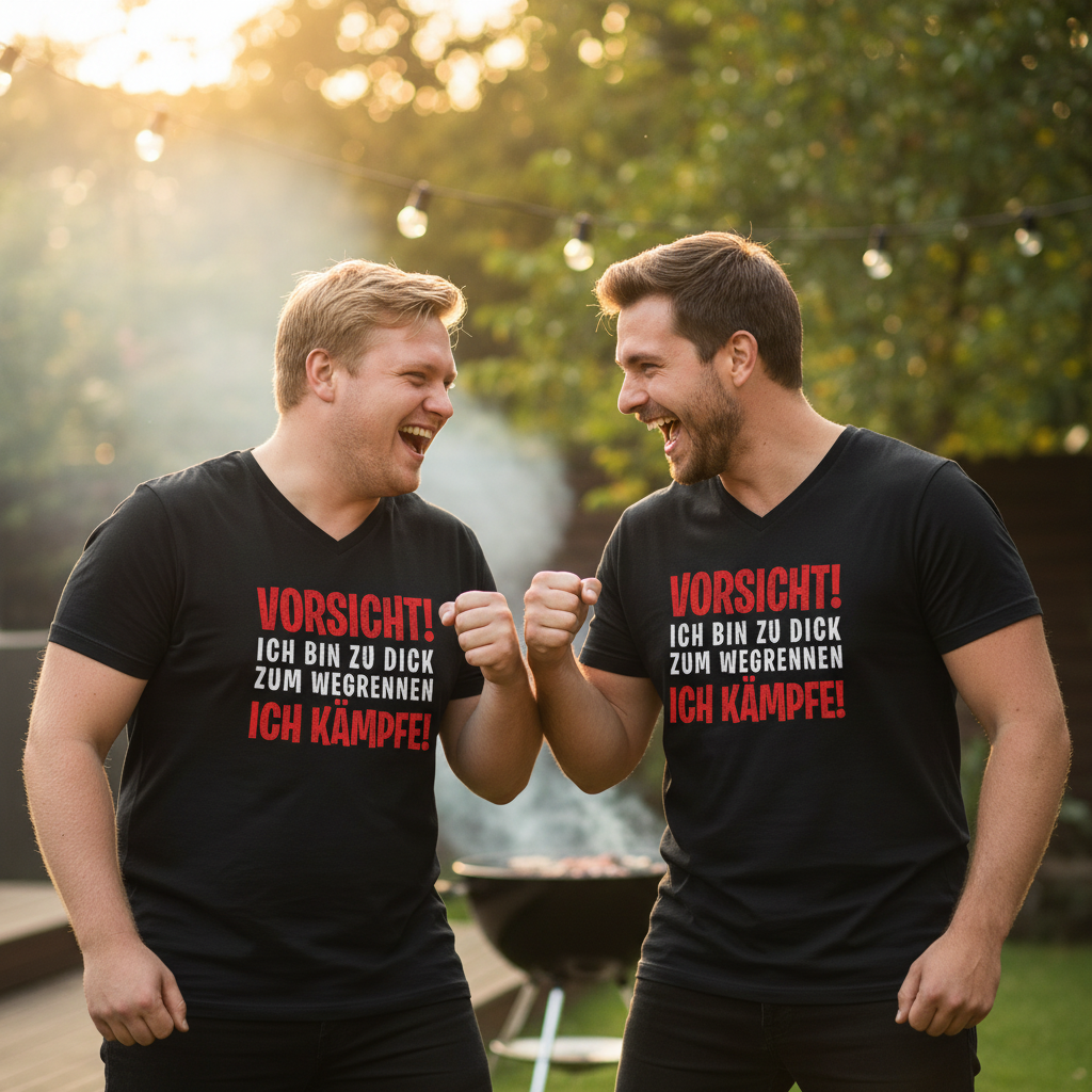 Vorsicht ich bin zu dick zum wegrennen ich Kämpfe! - Herren V-Neck Shirt