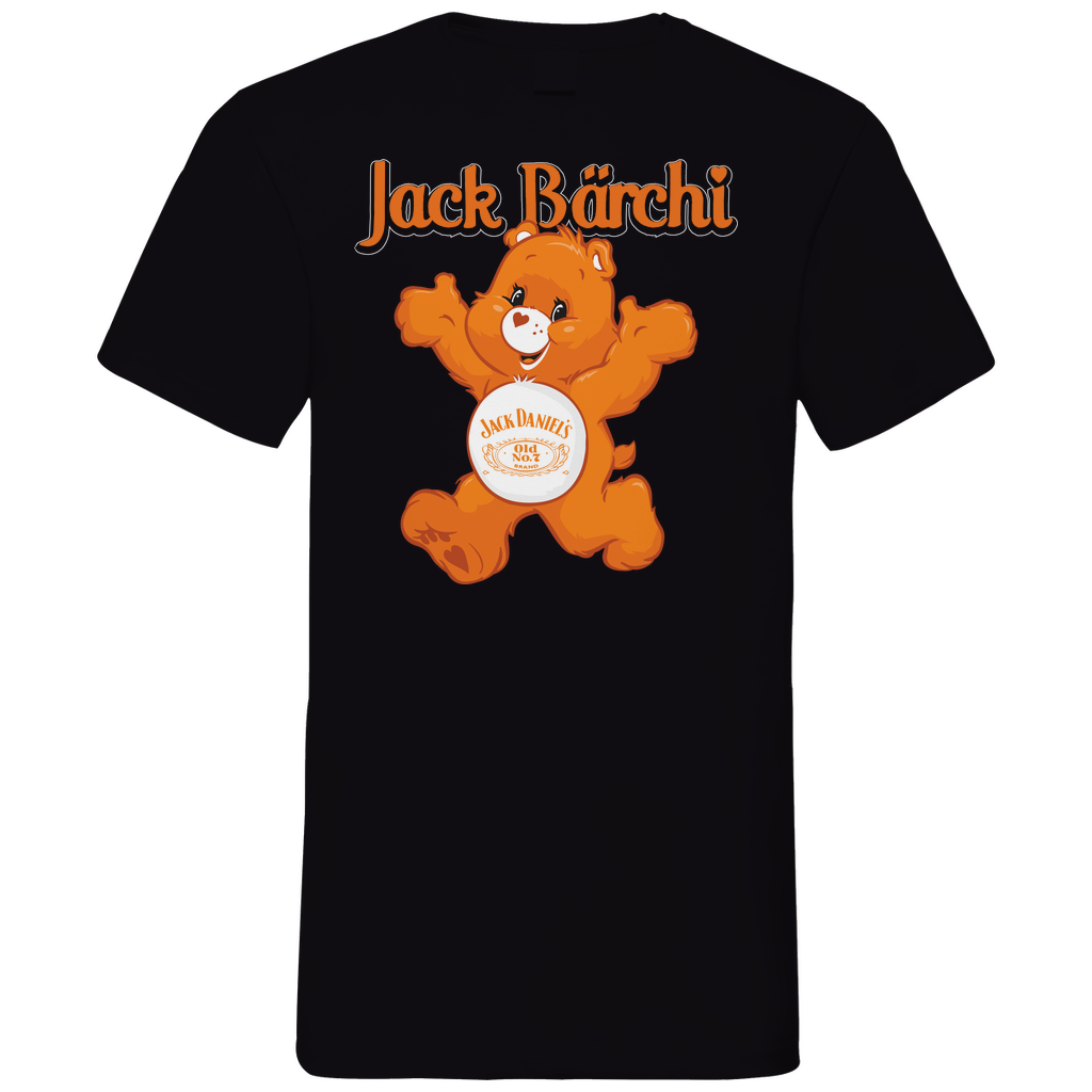 Schwarzes Herren V-Neck Shirt mit Jack Bärchi Aufdruck und Glücksbärchi Parodie, Frontansicht