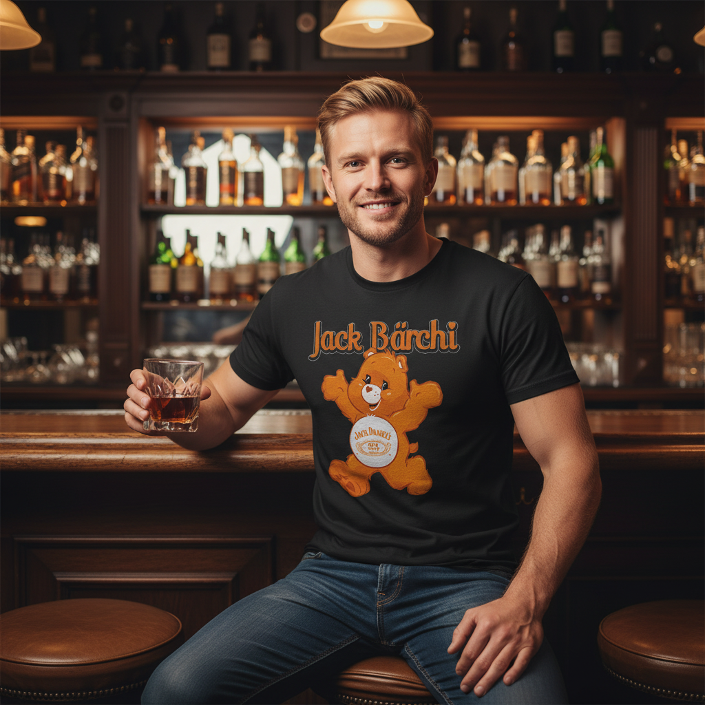 Entspannter Whisky-Genuss an der Bar mit Jack Bärchi Shirt, Bourbon-Glas und Flaschenregal